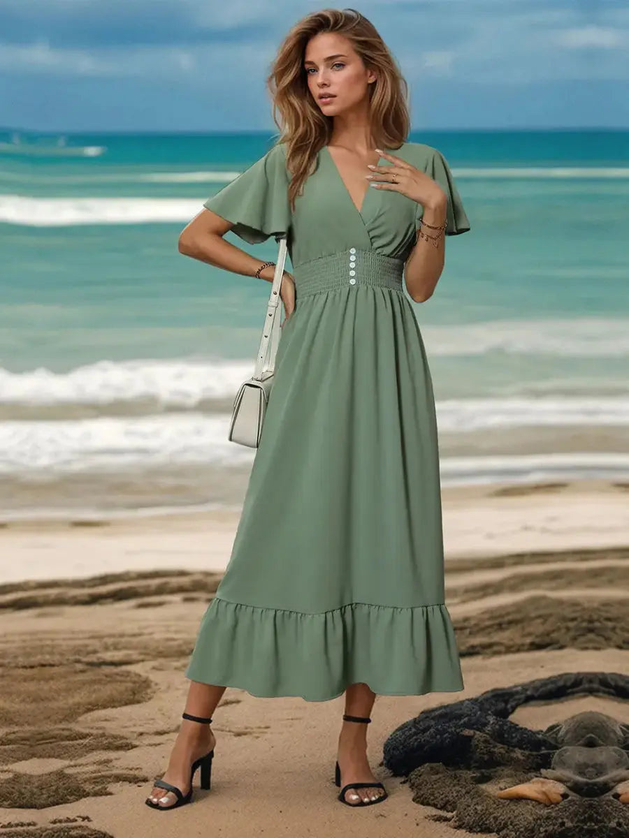 Perfee Surplice Flutter Sleeve Midi Dress for Women - Love Salve